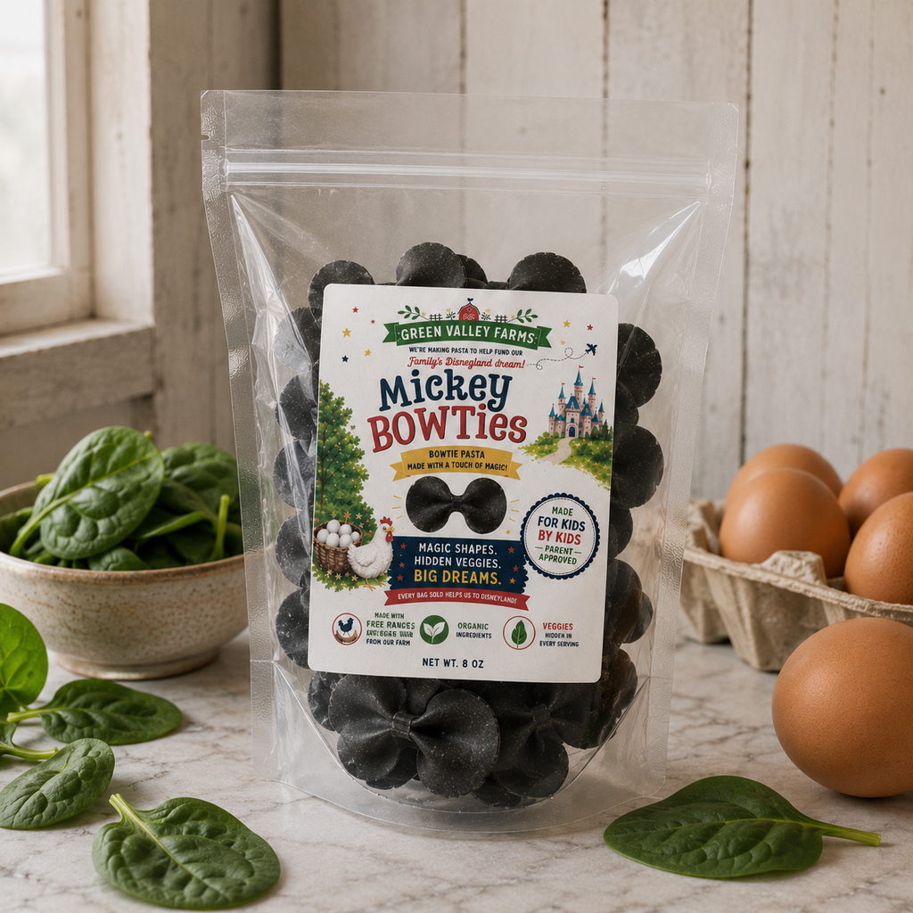 Packaged product labeled 'Mickey BowTies' on a kitchen counter with eggs and spinach.
