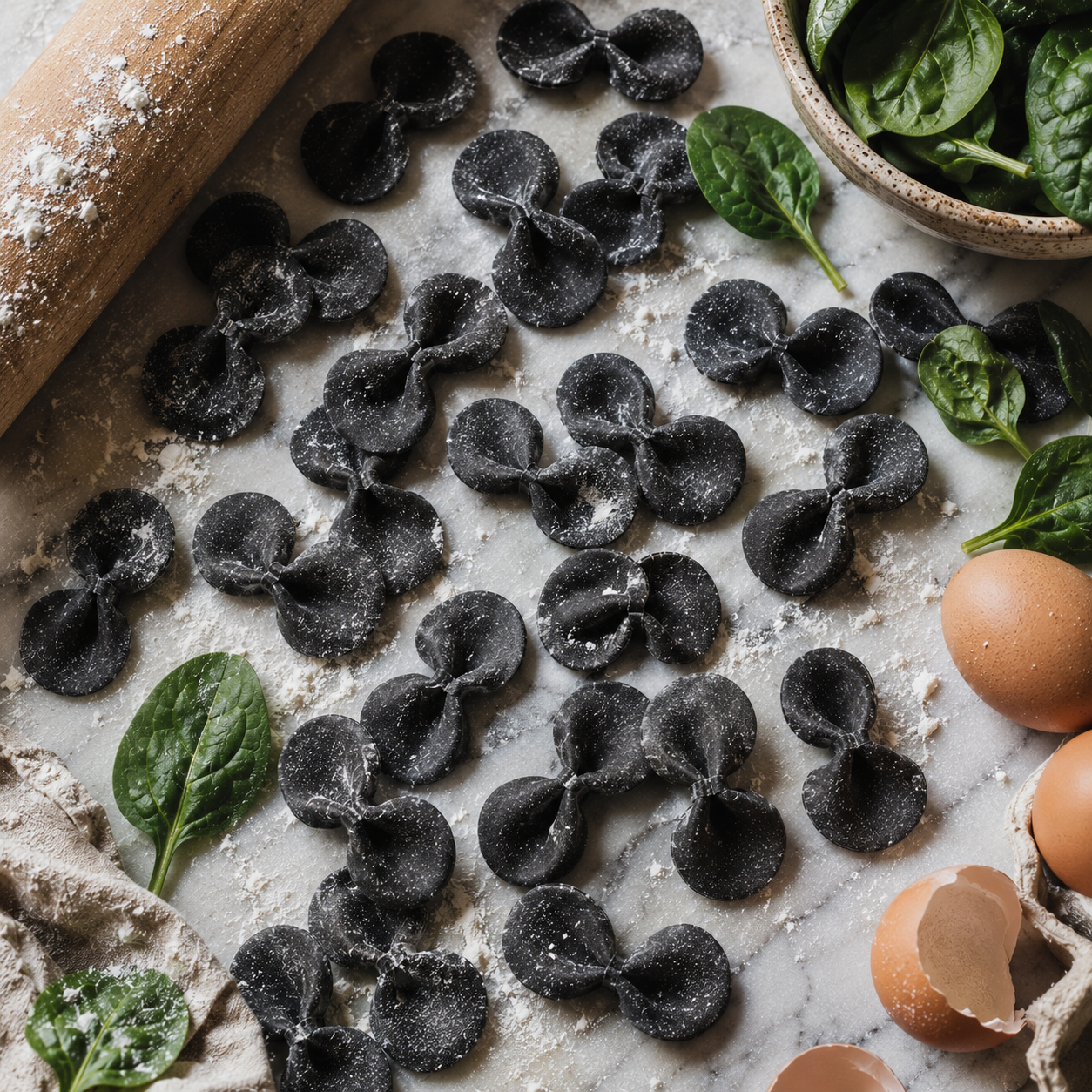 Black pasta on a marble surface with spinach leaves and eggs